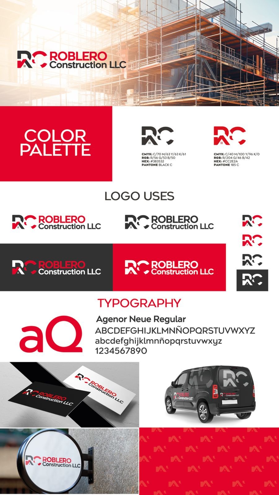 Roblero Construction LLC — identidad visual, paleta de color, logotipo, tipografía y aplicaciones