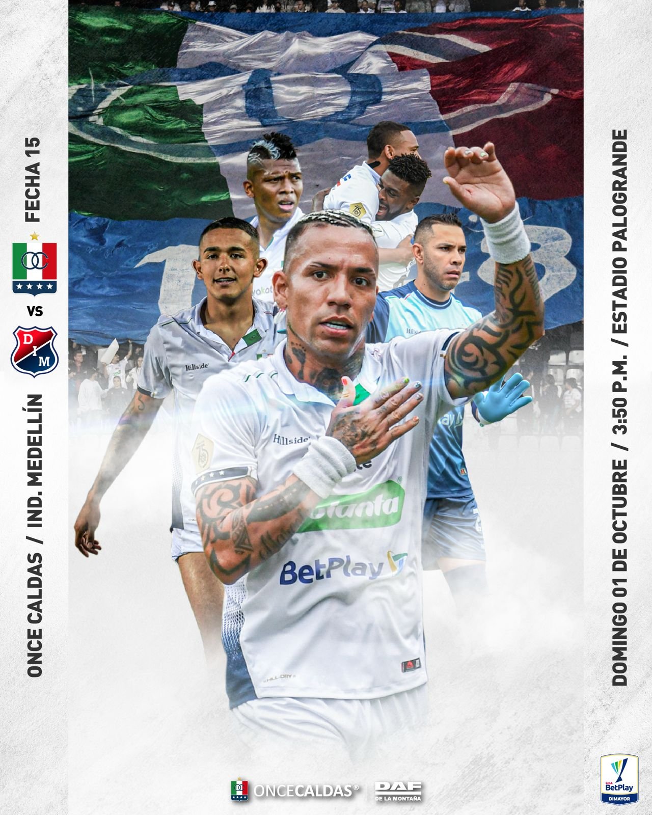 Once Caldas — composición de jugadores con banderas y fondo azul