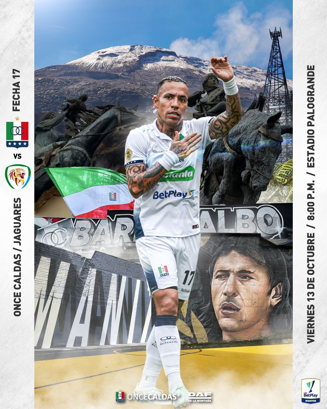 Once Caldas — collage de jugador con paisaje de montaña y bandera